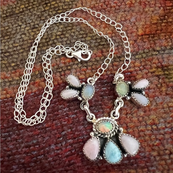 ❤️ Ethiopian Opal, Larimar, Natural Pink Opal 19” Adj Necklace 925 Navajo 14.3gm - Picture 14 of 17